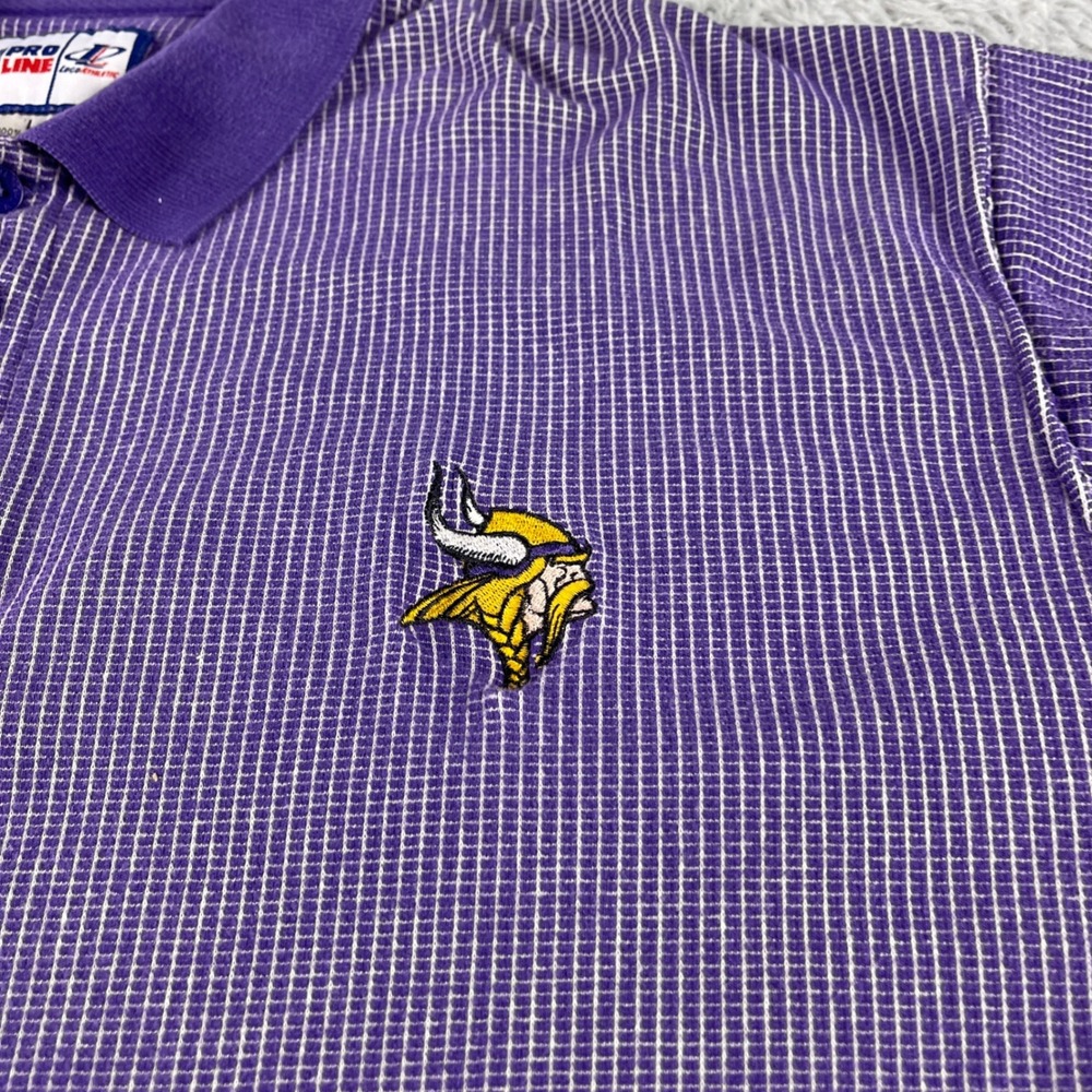 Pro Line NFL Minnesota Vikings Purple Striped Polo Shirt Logo Athletic Mens L - Picture 2 of 12